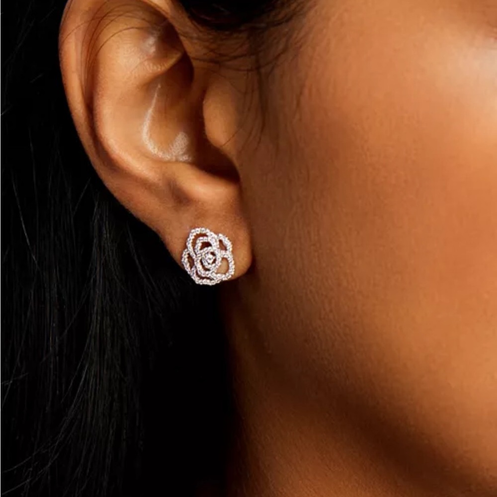 Glamorous Diamond Rose Flower Openwork Stud Earrings in 14K White Gold, 0.30 tcw